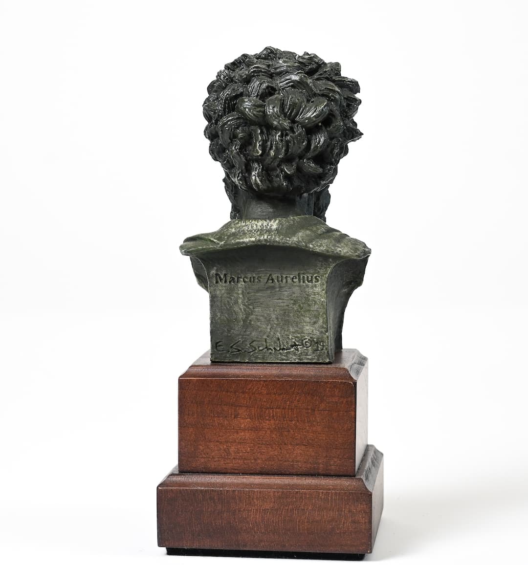 Marcus Aurelius pewter bust back view with E.S. Schubert artist signature